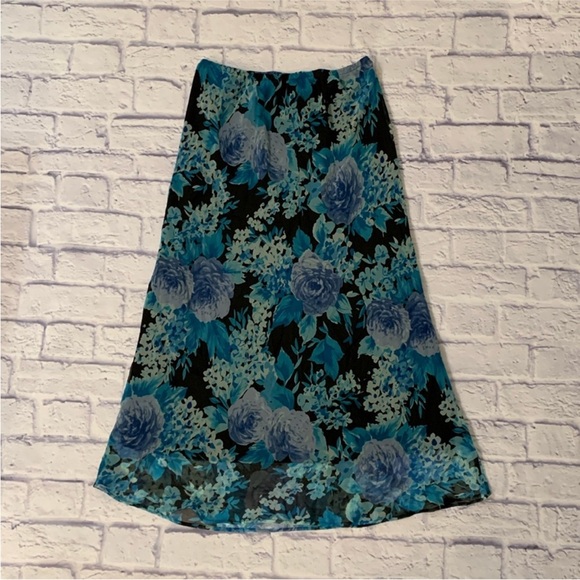 Vintage K Studio Floral Maxi Skirt Black Blue Lined Interior - Size 8 - Picture 1 of 7